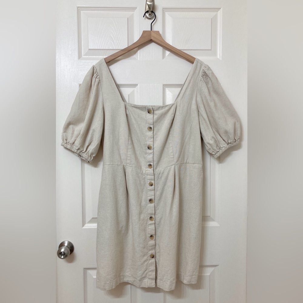 Old Navy Beige Linen Square Neck Puff Sleeve Mini Dress 2X Milkmaid Prairiecore